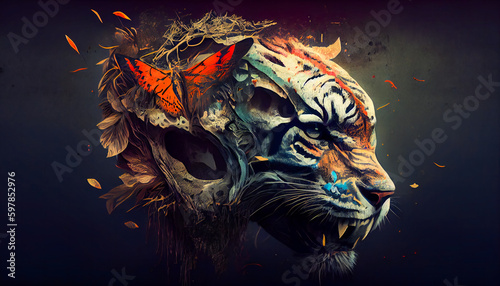Colorful Tiger Skull Design. Generative AI