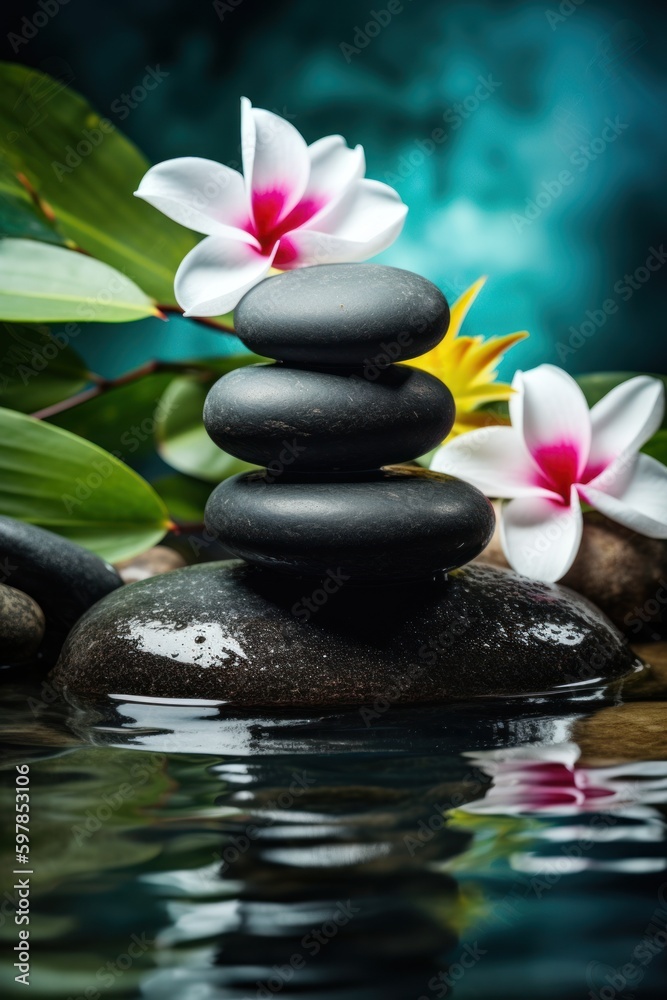 Obraz premium Pyramids of balanced zen pebble meditation stones with green leaves and flowers in water on tropical forest background. Concept of harmony, balance and meditation, spa, massage, relax and yoga.