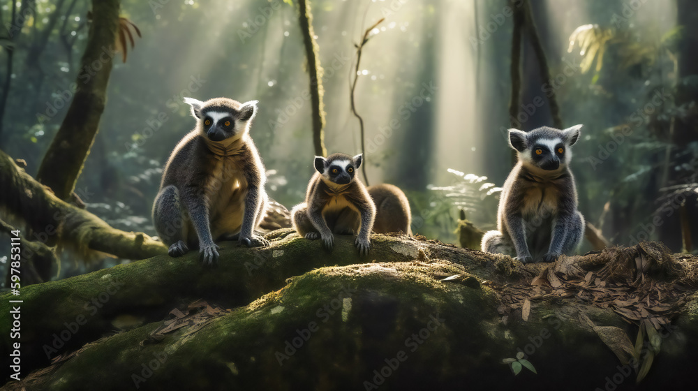 Curious Lemur Family Investigating Their Surroundings. Generative AI - obrazy, fototapety, plakaty 