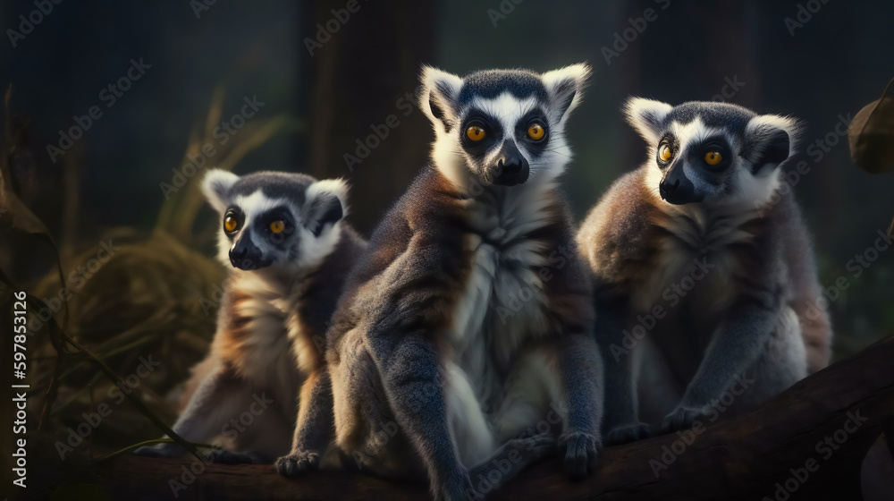 Curious Lemur Family Investigating Their Surroundings. Generative AI