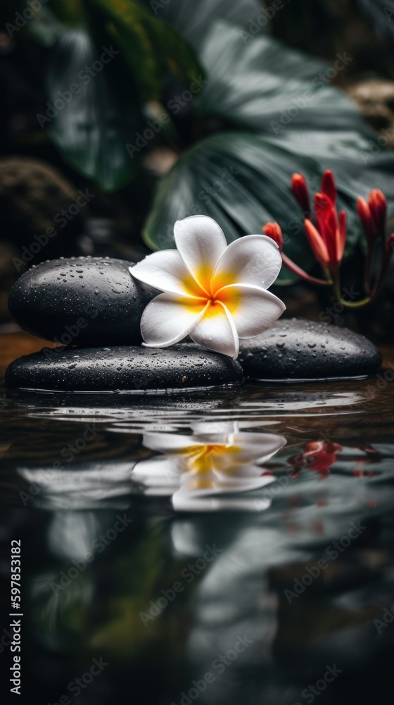 Pyramids of balanced zen pebble meditation stones with green leaves and flowers in water on tropical forest background. Concept of harmony, balance and meditation, spa, massage, relax and yoga.