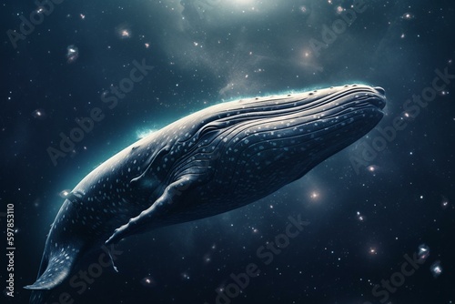 Whimsical banner with blue whales in space. Perfect for dreamy designs and fantastical themes. Generative AI