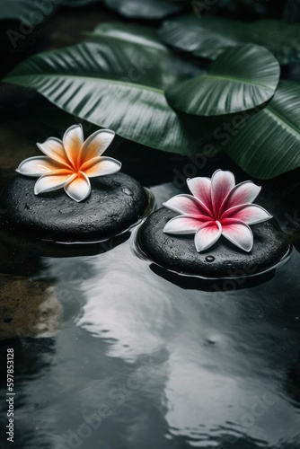 Pyramids of balanced zen pebble meditation stones with green leaves and flowers in water on tropical forest background. Concept of harmony  balance and meditation  spa  massage  relax and yoga.