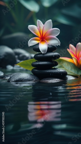 Pyramids of balanced zen pebble meditation stones with green leaves and flowers in water on tropical forest background. Concept of harmony  balance and meditation  spa  massage  relax and yoga.