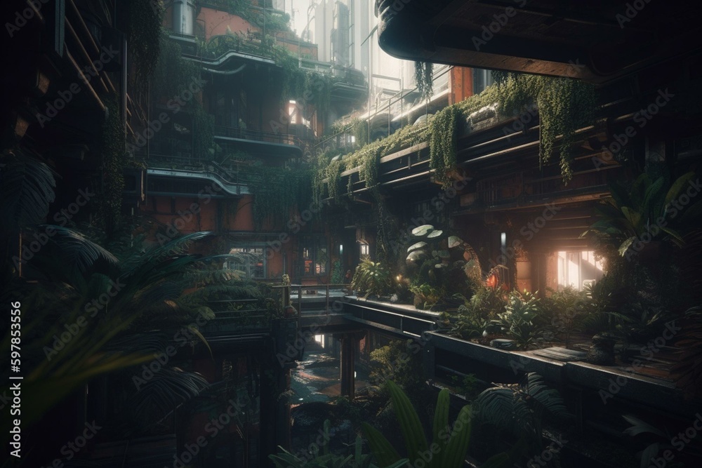 A futuristic oasis amidst an extraterrestrial terrain, boasting a cyberpunk ambience. Generative AI