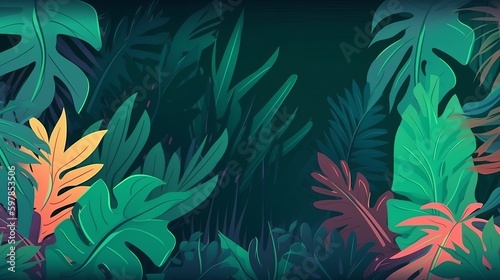 Tropical background with jungle plants. Palm leaves. Floral exotic hawaiian . Rainforest. Summer tropical leaf Generative AI