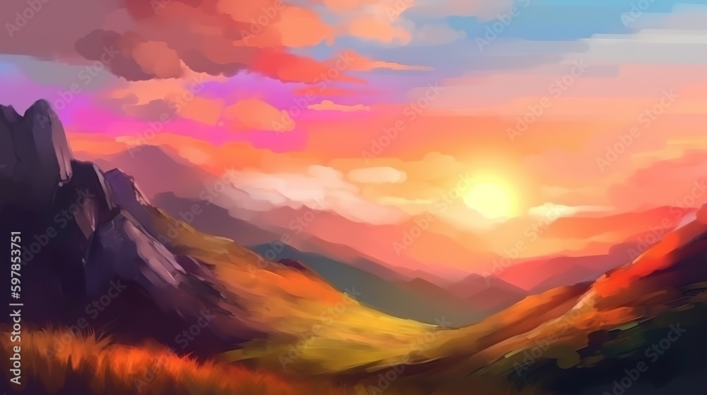 Illustration of sunset in the mountains. with beautiful clouds. Digital painting Generative AI