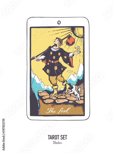 Vector hand drawn Tarot card deck.  Major arcana The fool.  Colorful style. Occult and alchemy symbolism photo