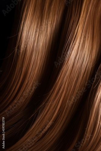 A closeup view of a bunch of shiny straight brown hair in a wavy curved style. Generative AI