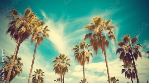 Palm trees against blue sky, Palm trees at tropical coast, vintage toned and stylized, coconut tree,summer tree ,retro Generative AI