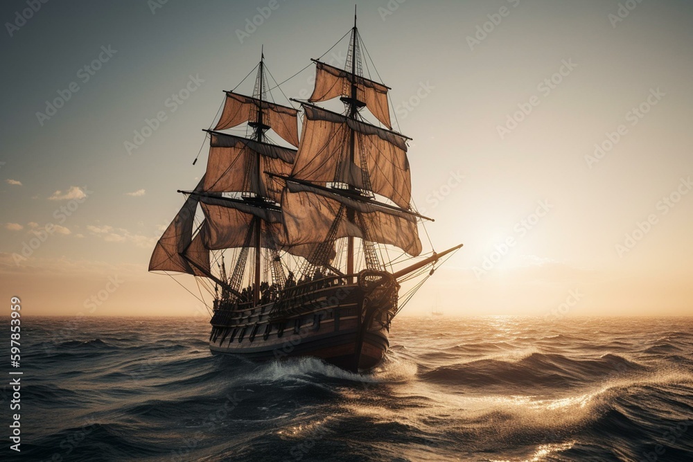 An early morning ship sailing in open waters. Generative AI