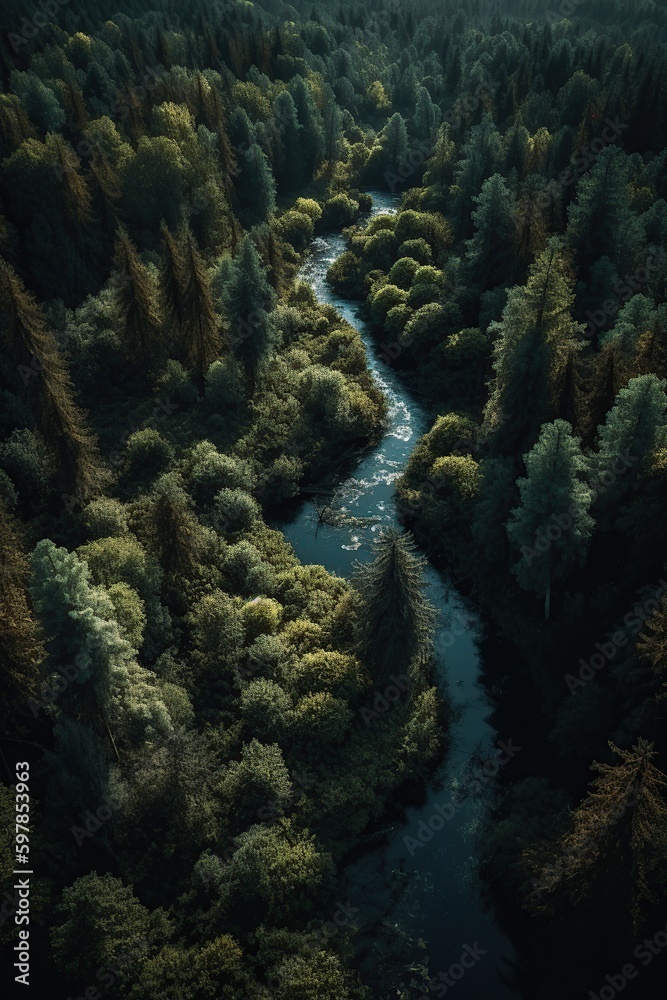A beautiful blue river in a dense forest, Generative AI