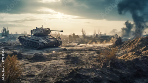 Thundering Tank on the Battlefield. In the Heart of the Battle. Generative AI