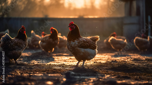 Hens, Roosters, and Chicks. Life on the Farm. Generatine AI.Generative AI