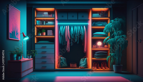 Modern bedroom neon closets cupboard interiors design AI Generated image