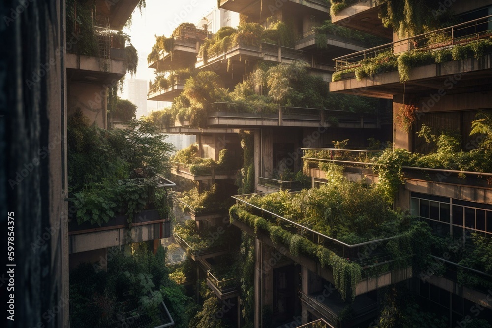 Metropolis with eco-conscious design, featuring vertical gardens & harmonious blend of structures & nature. Generative AI