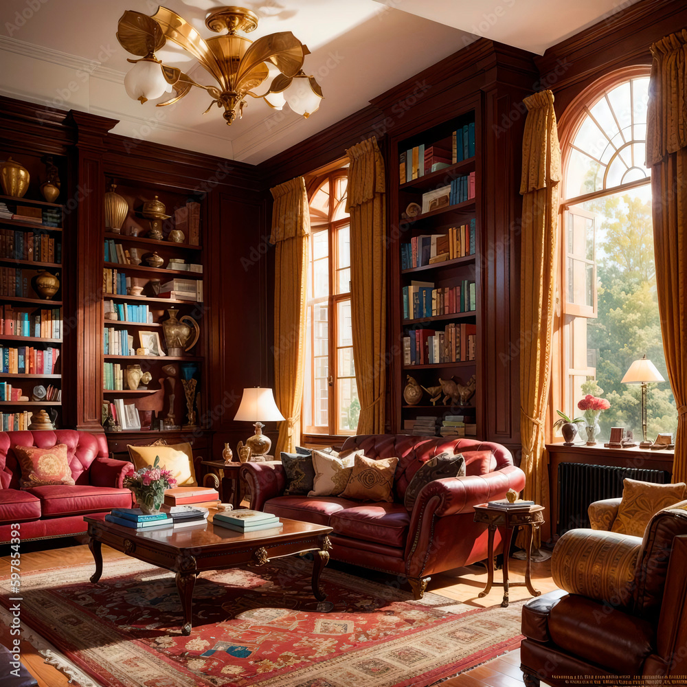 Living room with lots of books, golden light, big windows, highly detailed. Generative AI Living room with lots of books, golden light, big windows, highly detailed. Generative AI