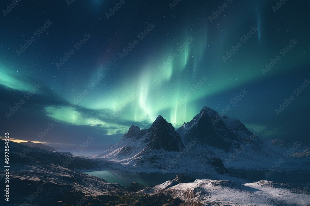 Illustration of beautiful aurora borealis on arctic sky at night. Generative AI