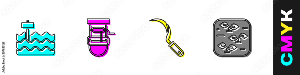Set Garden bed, Well with bucket, Sickle and Plant icon. Vector Set Garden bed, Well with bucket, Sickle and Plant icon. Vector
