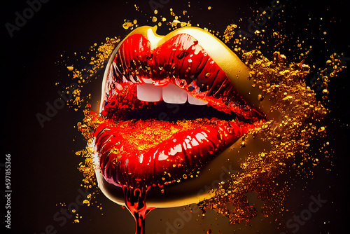Red lips with gold liquid. Generative AI.