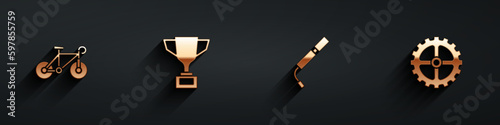Set Bicycle, Award cup with bicycle, air pump and sprocket crank icon with long shadow. Vector