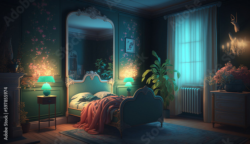 Modern neon color master bedroom interior design AI Generated image