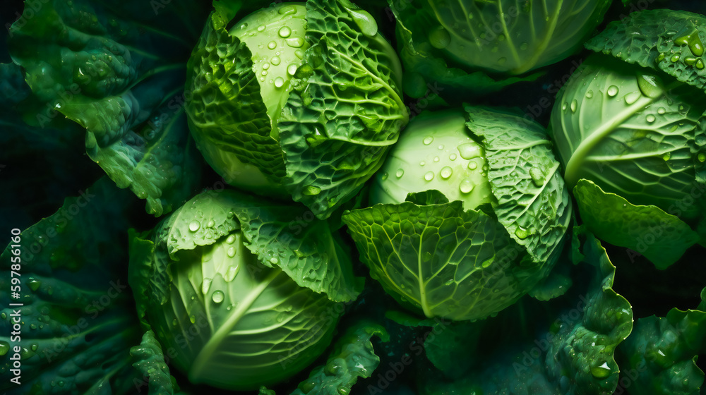 Fototapeta premium Water Droplets on Cabbage Leaves. Generative AI
