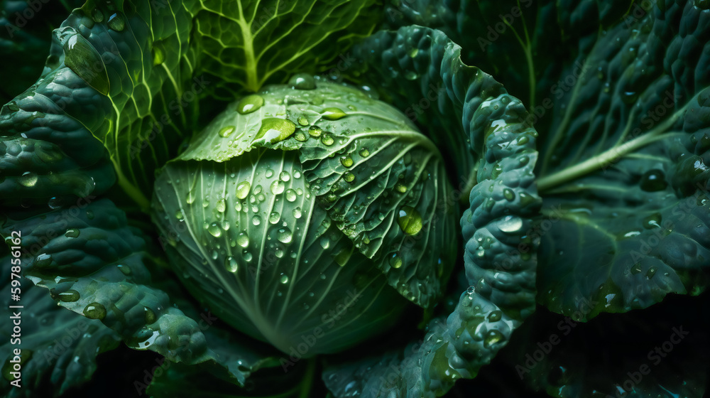 Water Droplets on Cabbage Leaves. Generative AI Water Droplets on Cabbage Leaves. Generative AI