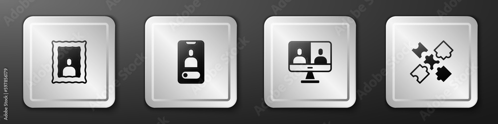 Set Picture frame, Incoming call on mobile, Video chat conference and Puzzle pieces toy icon. Silver square button. Vector Set Picture frame, Incoming call on mobile, Video chat conference and Puzzle pieces toy icon. Silver square button. Vector
