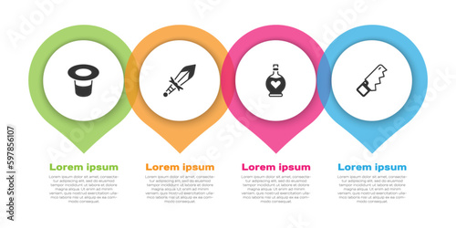 Set Magic hat, Medieval sword, Bottle with love potion and Hand saw. Business infographic template. Vector