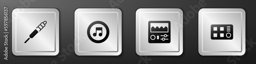 Set Audio jack, Music note, tone, Drum machine and icon. Silver square button. Vector