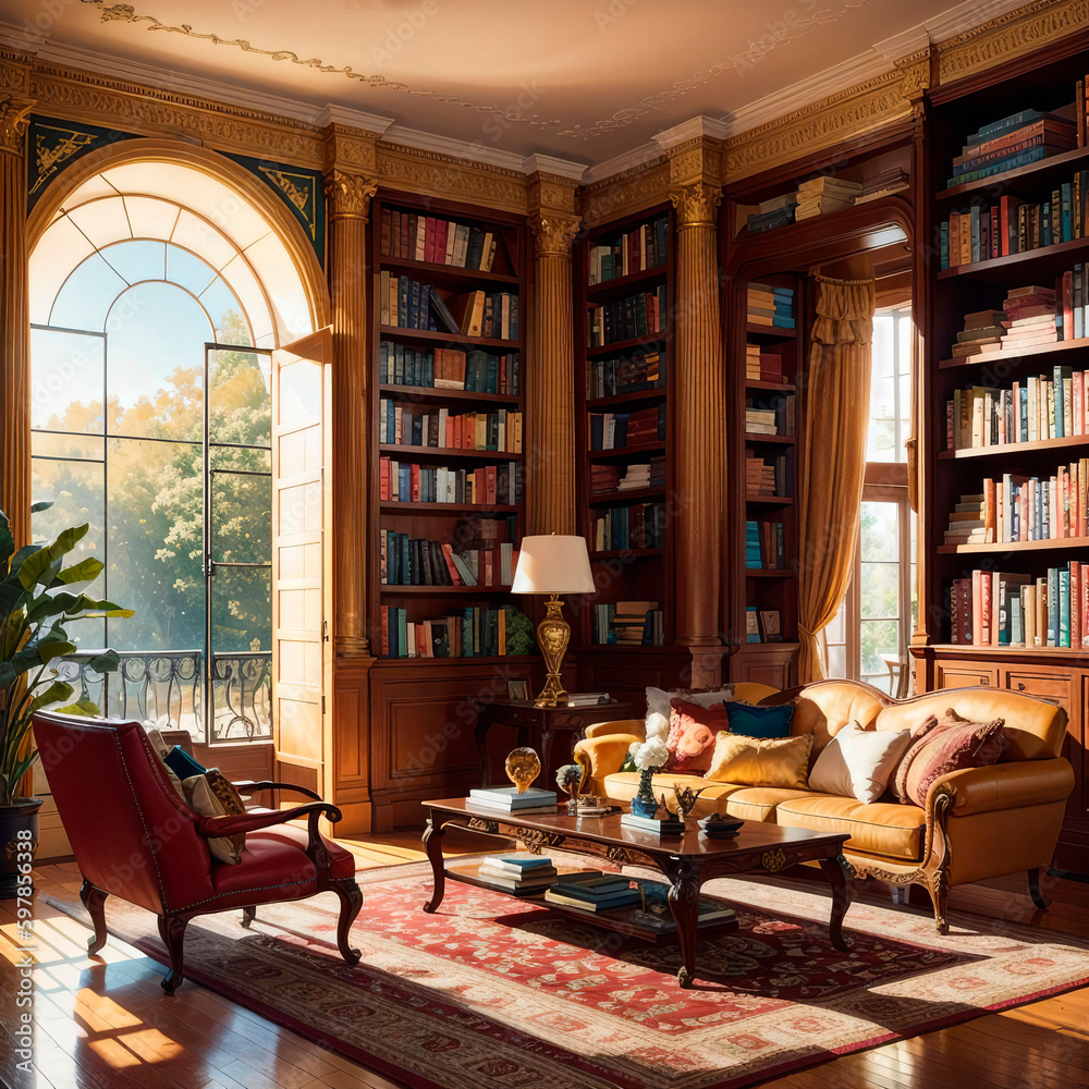 Living room with lots of books, golden light, big windows, highly detailed. Generative AI Living room with lots of books, golden light, big windows, highly detailed. Generative AI