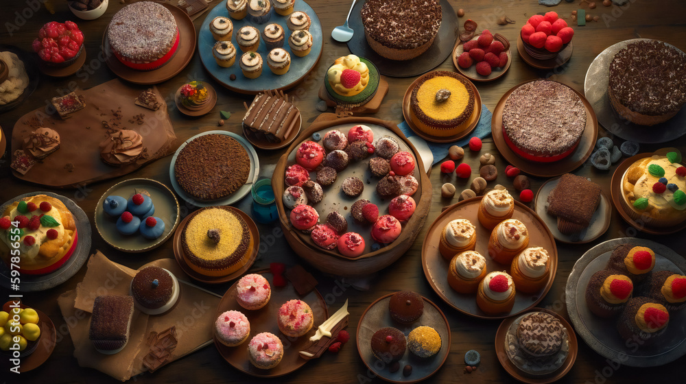 Assortment of the Most Popular Desserts.  Gourmet Cakes and Pies. AI Generated