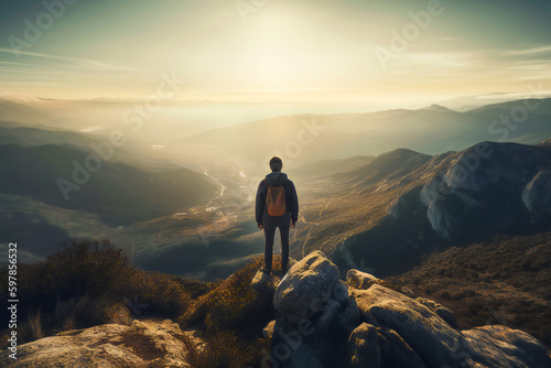 a person standing at the top of a mountain, looking out at the stunning view. Generative AI.... © EwaStudio