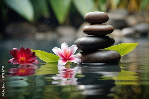 Pyramids of balanced zen pebble meditation stones with green leaves and flowers in water on tropical forest background. Concept of harmony  balance and meditation  spa  massage  relax and yoga.