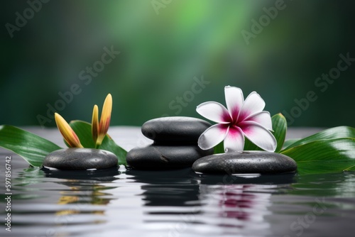 Pyramids of balanced zen pebble meditation stones with green leaves and flowers in water on tropical forest background. Concept of harmony, balance and meditation, spa, massage, relax and yoga.