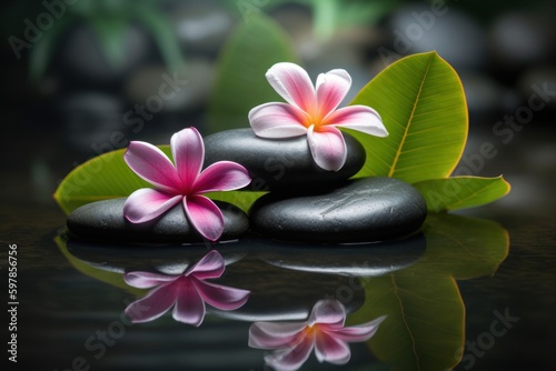 Pyramids of balanced zen pebble meditation stones with green leaves and flowers in water on tropical forest background. Concept of harmony  balance and meditation  spa  massage  relax and yoga.