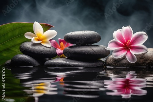 Pyramids of balanced zen pebble meditation stones with green leaves and flowers in water on tropical forest background. Concept of harmony  balance and meditation  spa  massage  relax and yoga.
