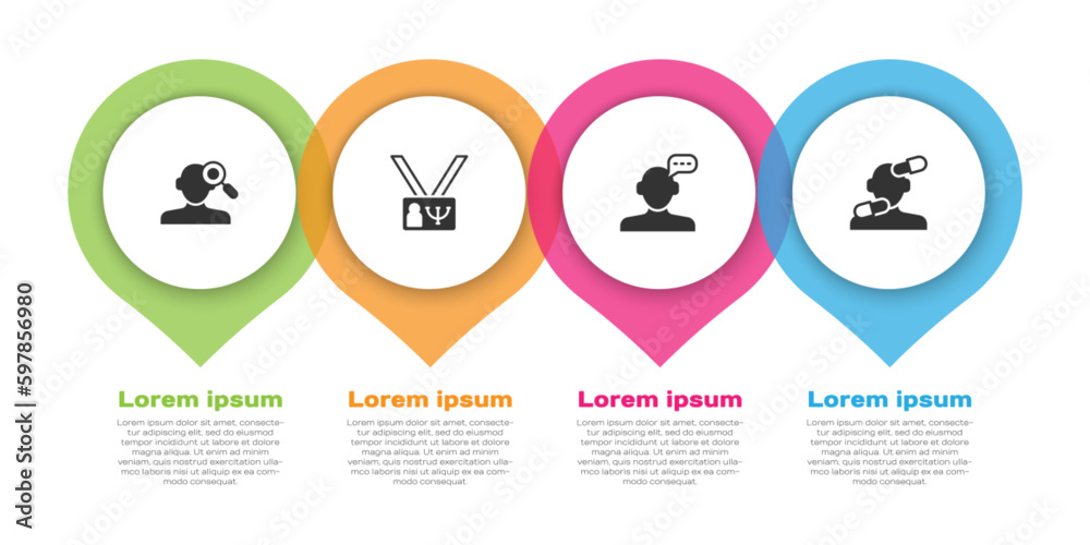 Set Finding a problem in psychology, Psychology, Online psychological counseling and Sedative pills. Business infographic template. Vector Set Finding a problem in psychology, Psychology, Online psychological counseling and Sedative pills. Business infographic template. Vector