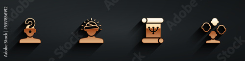 Set Human with question mark, Concussion, headache, Psychology book and Schizophrenia icon with long shadow. Vector