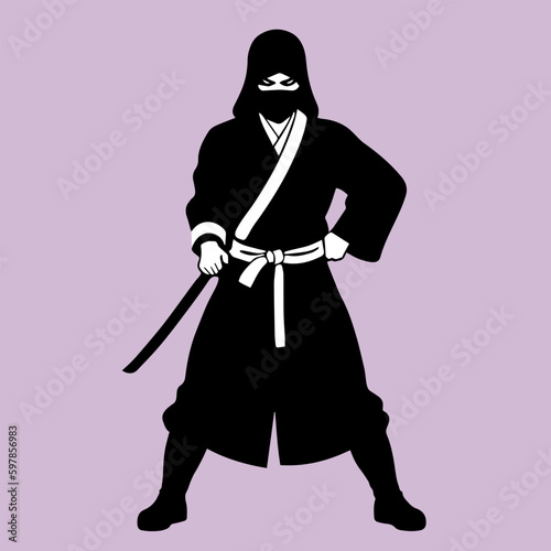 Ninja Silhouette on a purple background. Vector illustration. Japanese martial art.