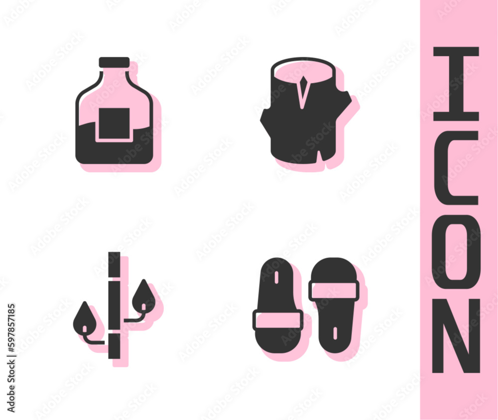 Set Sauna slippers, Bottle of vodka, Bamboo and Wooden log icon. Vector Set Sauna slippers, Bottle of vodka, Bamboo and Wooden log icon. Vector