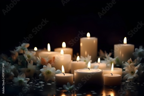 Wallpaper Illustration and background of All Souls  Day  with candles and flowers. Front view. Concept of Soul  dead  holiday. Generative AI.