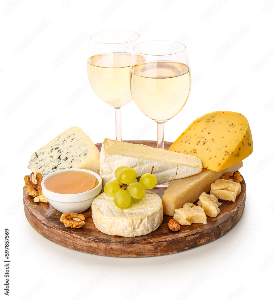 Different types of cheese, honey, grapes and glasses with wine isolated on white background