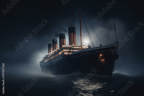 Titanic sailing in the dark sea amid rising fog. Generative AI