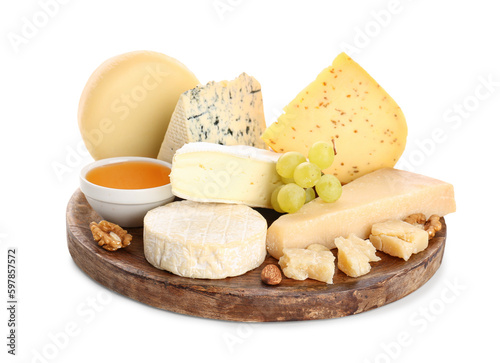 Plate with different types of cheese, honey and grapes isolated on white background