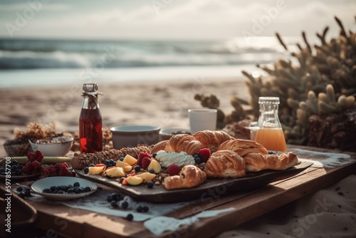 Enjoy breakfast outdoors on a beach with pastries and fruits. Generative AI