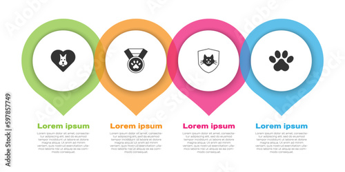 Set Heart with dog, Pet award symbol, Animal health insurance and Paw print. Business infographic template. Vector