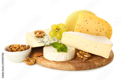 Wooden board of different types of cheese and nuts isolated on white background