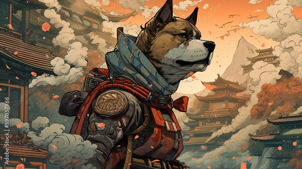 A Heroic Battle - 4K Hi-Res Wallpaper of a Dog, Inspired by a Game Movie with Urban, High-Tech, and Fantastical Settings (Ukiyo-e Art: Generative AI - obrazy, fototapety, plakaty 